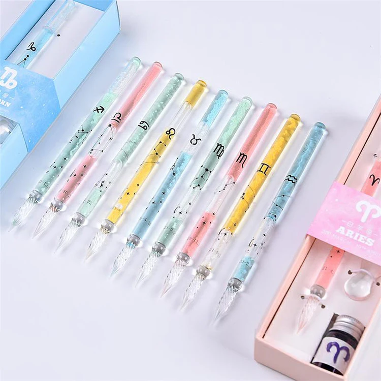 Fountain Pen Set Gift Box 12 Constellation Glass Dip Pen Writing Gold Powder Ink Pen