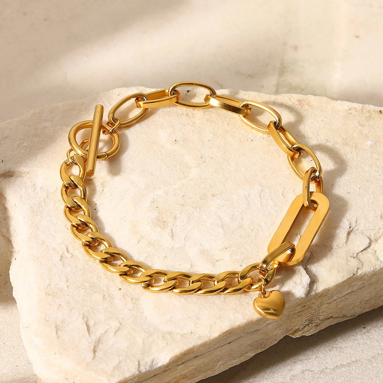 18k Gold Stainless Steel Cuban Chain Oval Chain Stitching Love Small Round Zirconium Pendant Ot Buckle Bracelet For Women