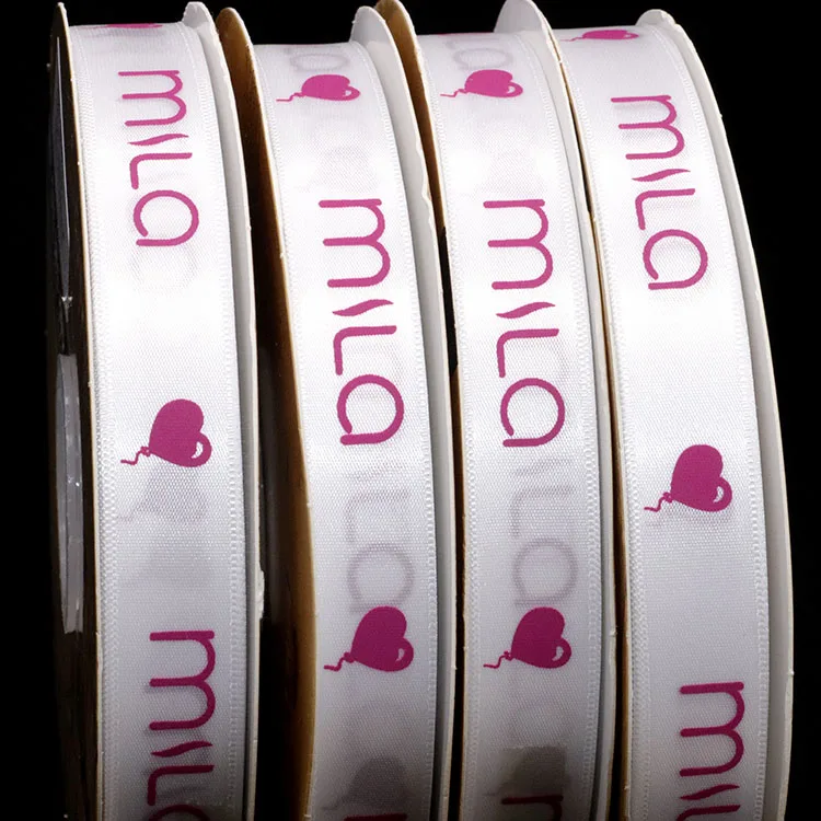 Factory custom artwork ogo silk printed satin ribbon , 2 cm white single face personalised polyester ribbon printed for bows