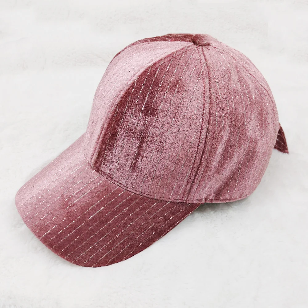 High Quality Pink Stripe 6 Panel Velvet Baseball Caps Bowknot Snapback Sport Hat