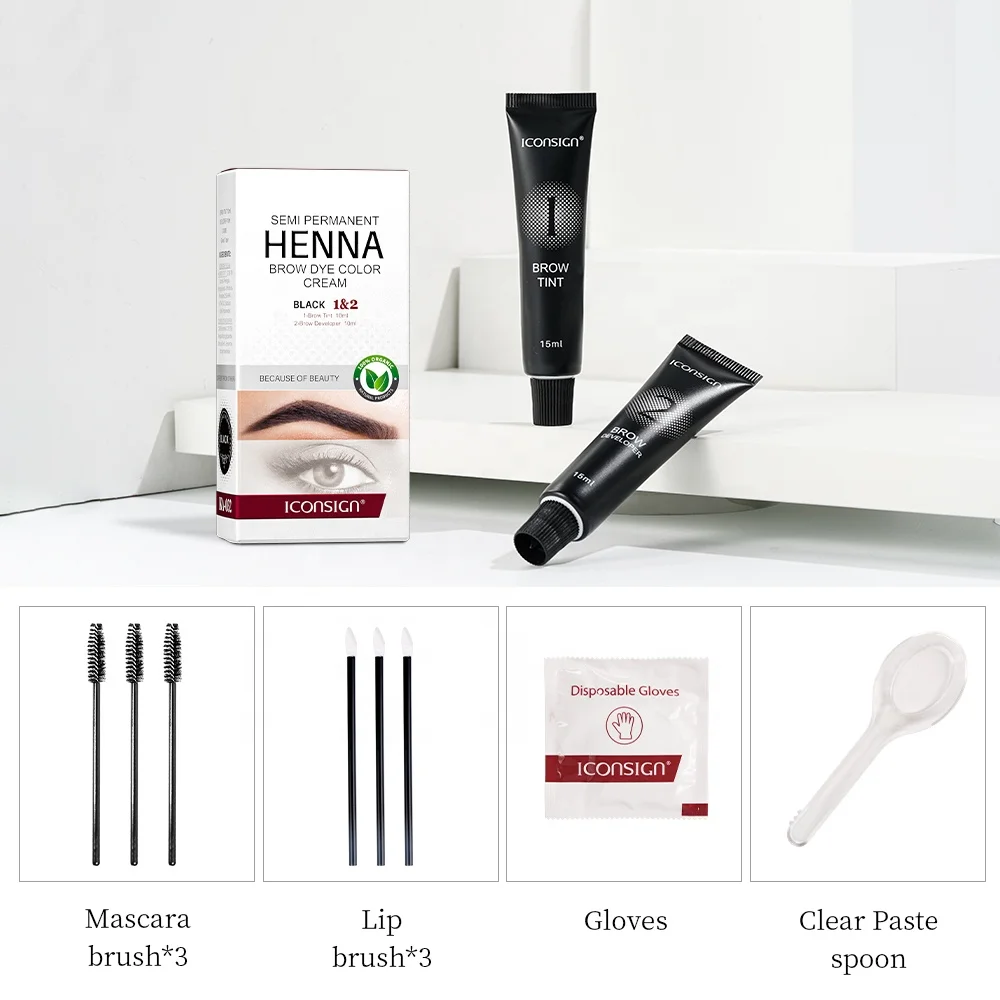 Black Brown Colors Henna Brow Kit Professional Eyebrow Semi Permanent Tint Dye Brow Skin Tint Henna Eyebrow Tint Kit Eyebrow Gel