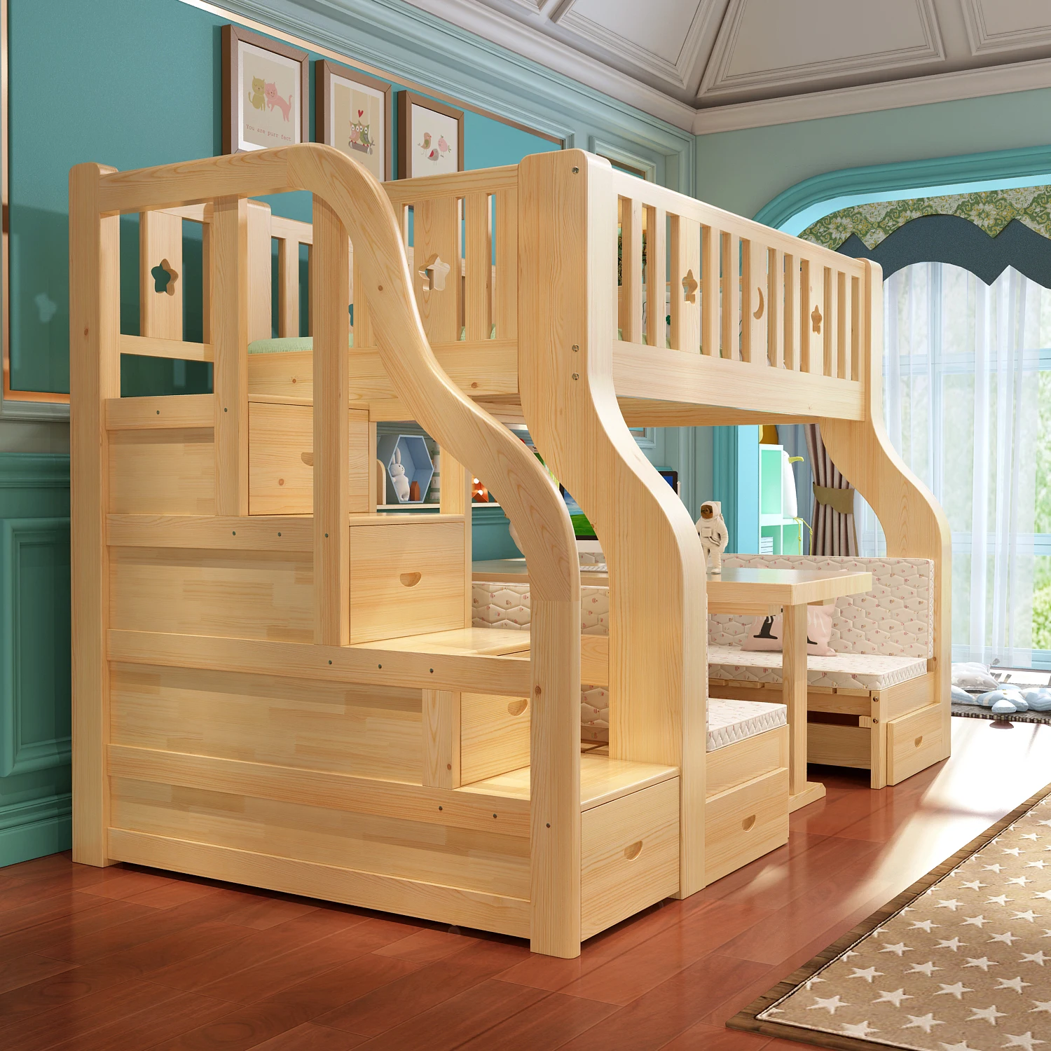 
Children Furniture 2 Floor Wooden Child Bunk Bed With Slide For Kids Bedroom Set 