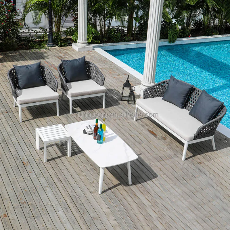 High-end market modern outdoor aluminum rope sofa set waterproof soft gray cushion for poolside leisure sofa set furniture