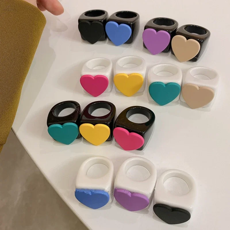 2021 fashion candy color heart black white acrylic ring resin big geometric square ring for women girls street jewelry wholesale