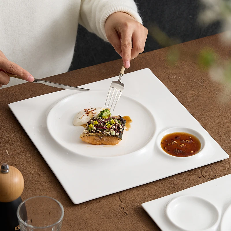 Shrimp plate with vinegar dish water dumpling plate White Chinese ceramic square plate hotel special dish