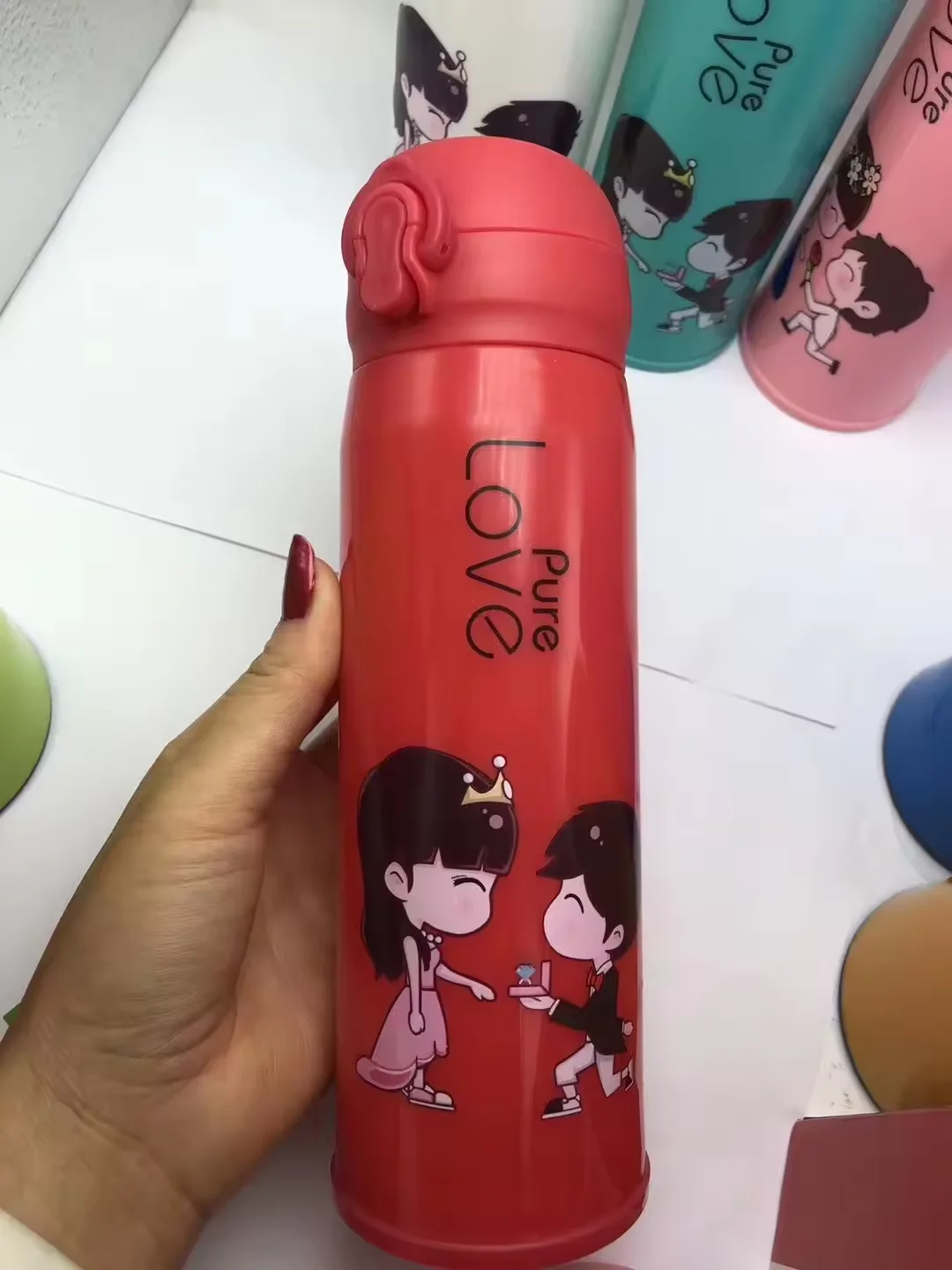 Cartoon student creative cartoon couple Double layer water cup plastic glass cup glass