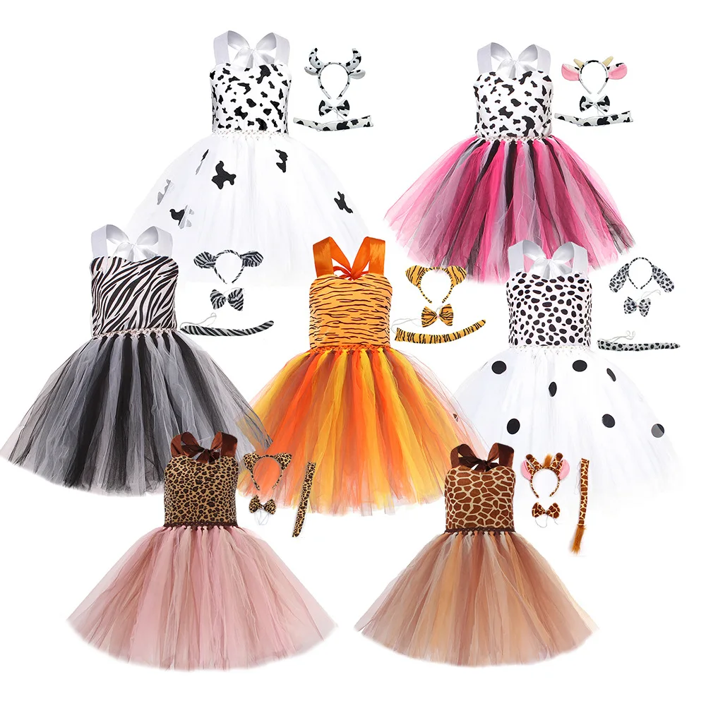 Halloween Animal World Cow Tiger Girl Dress mesh dress elegant cow print girls dresses