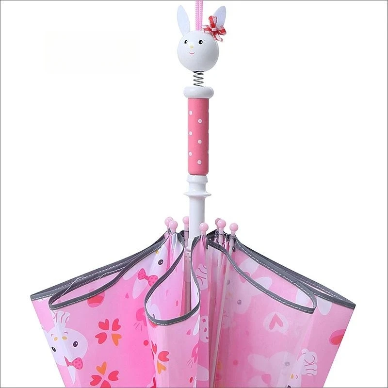 Cute rabbit boy and girl safety reflective strip umbrella with creative cartoon wooden spring handle