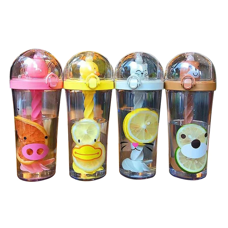 Large capacity plastic water cup girl heart cartoon mixing cup creative animal printing cute adorable straw plastic cup