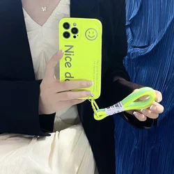 INS Smiley Fluorescence Lanyard Hand Strap Lanyard Phone Case For iPhone 11 12 13 Pro Max XS X 8 7 Plus SE 20 Soft Silicon Cover