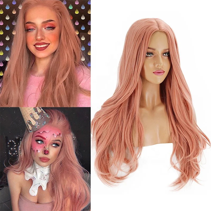 Vigorous Orange Pink Wigs Women Long Curly Body Wave  None Lace Front Hair Synthetic Cosplay Hair Wigs