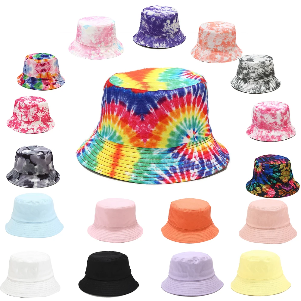 bucket hats bulk wholesale custom logo hat 48 Color  2021 New fashion designer cotton material tie dye colorful bucket hat