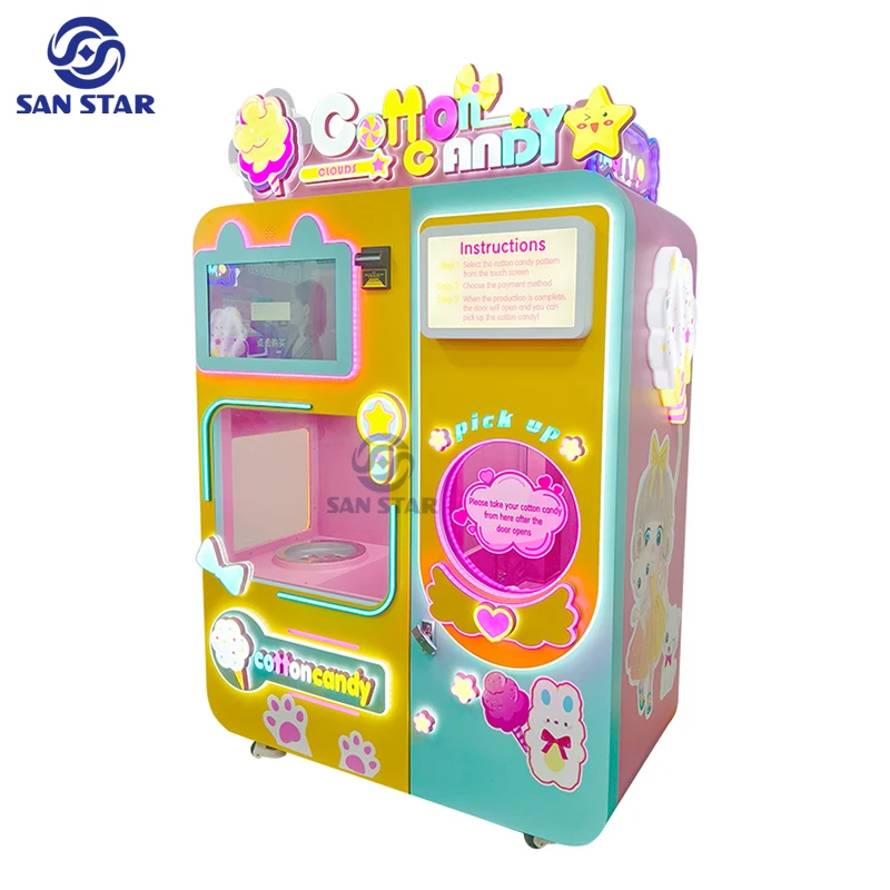 Commercial Cotton Candy Floss Machines Robot Arm Sugar Making Trade Fully Automatic Cotton Candy Vending Machine