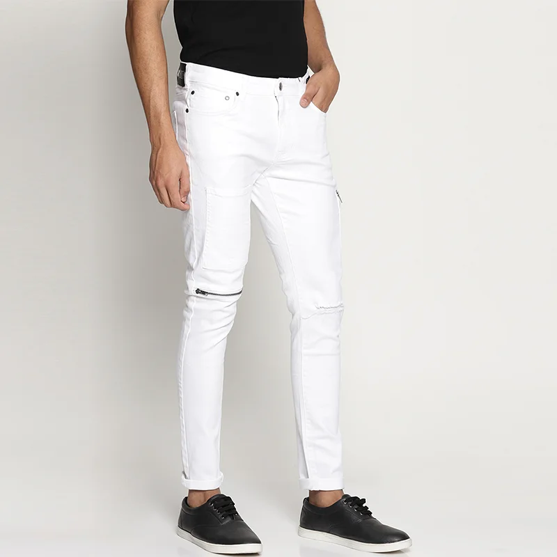 White Denim Zipper Detail Skinny Fit Ripped Stretchy Jeans Casual Pants Mens