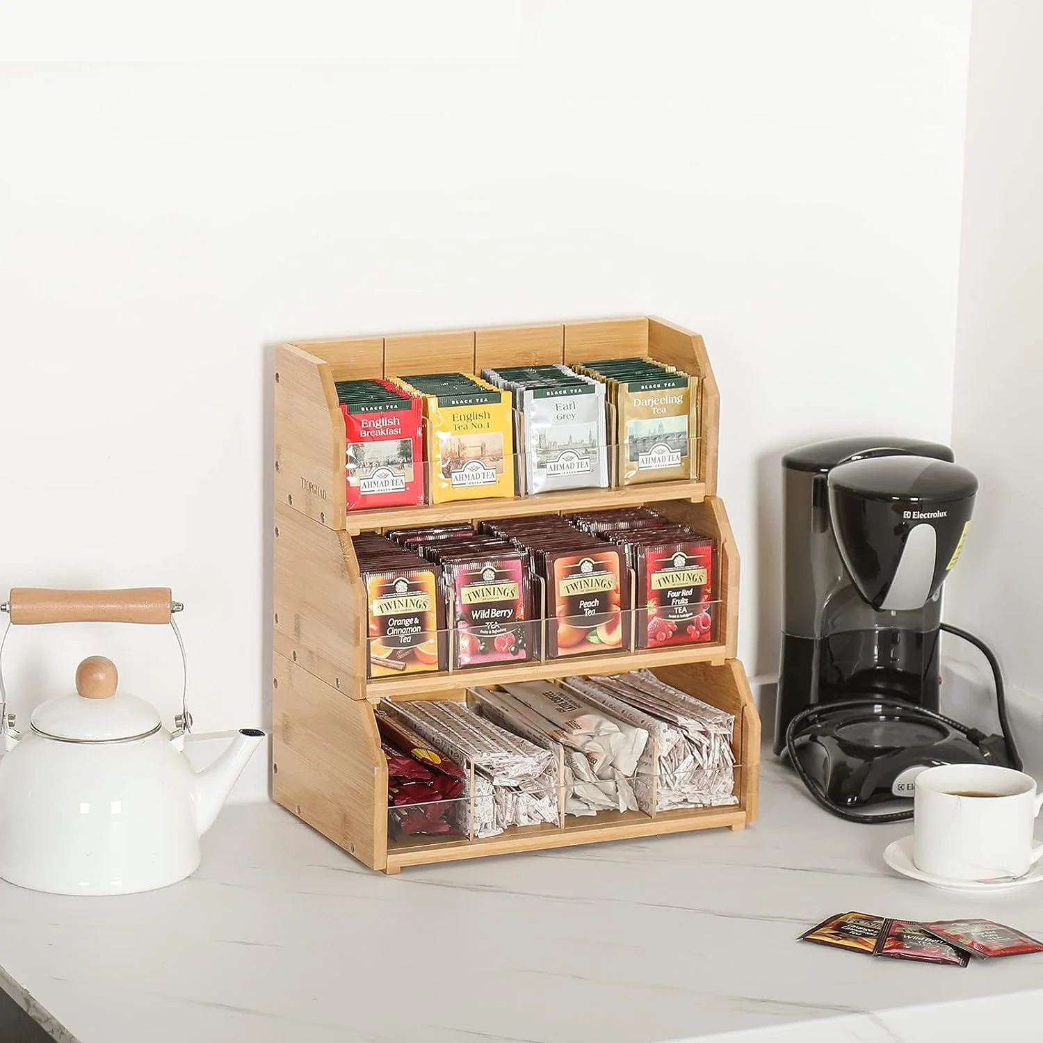 Bamboo Tea Bag Organizer Storage Holder for Tea Bags Stackable Wooden 3 Layer Tea Caddy Box