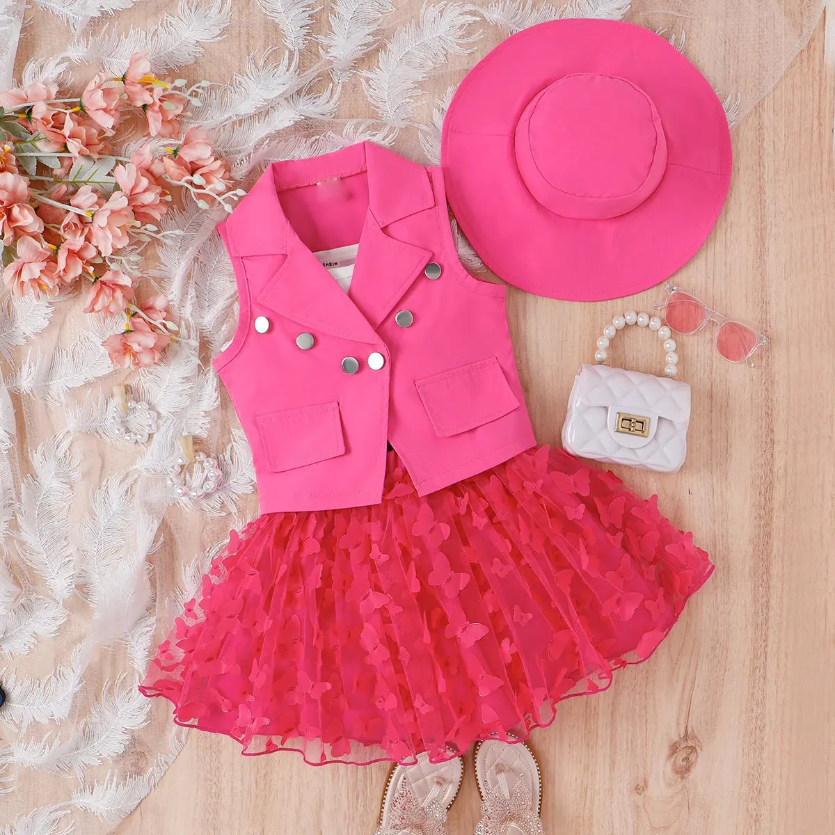 New Baby Clothes Girls Lapel Button Candy Color Butterfly Mesh Skirt Sleeveless Coat Vest Skirt Hat Four-Piece Baby Clothing Set