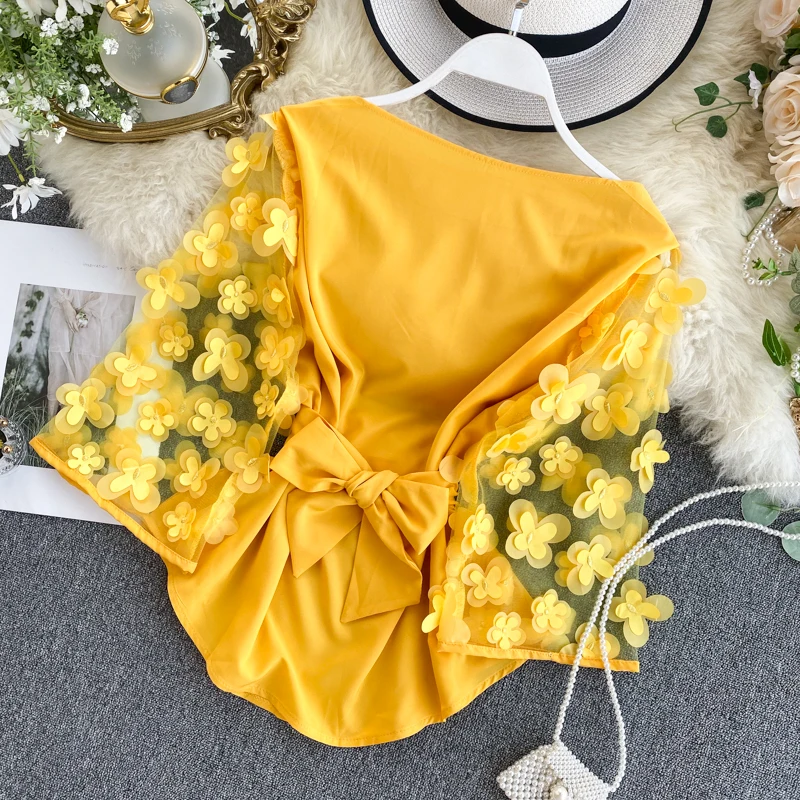 Autumn Spring New Slim Waist Lace Up Blouse O Neck Patchwork Mesh Flare Long Sleeve Appliques  Elegant Shirt Slim Short Blouse