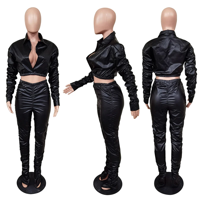 
Wholesale ladies long sleeve solid color crop pu leather sexy fashion 2021 women two piece pants set clothing 