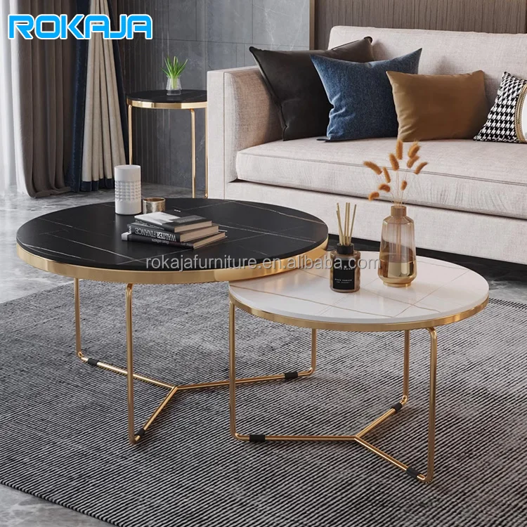 Nordic Style Nesting Coffee Table Set Gold Metal Frame Rock Slab Top Coffee Table Modern Living Room 3 Leg Round Tea Table
