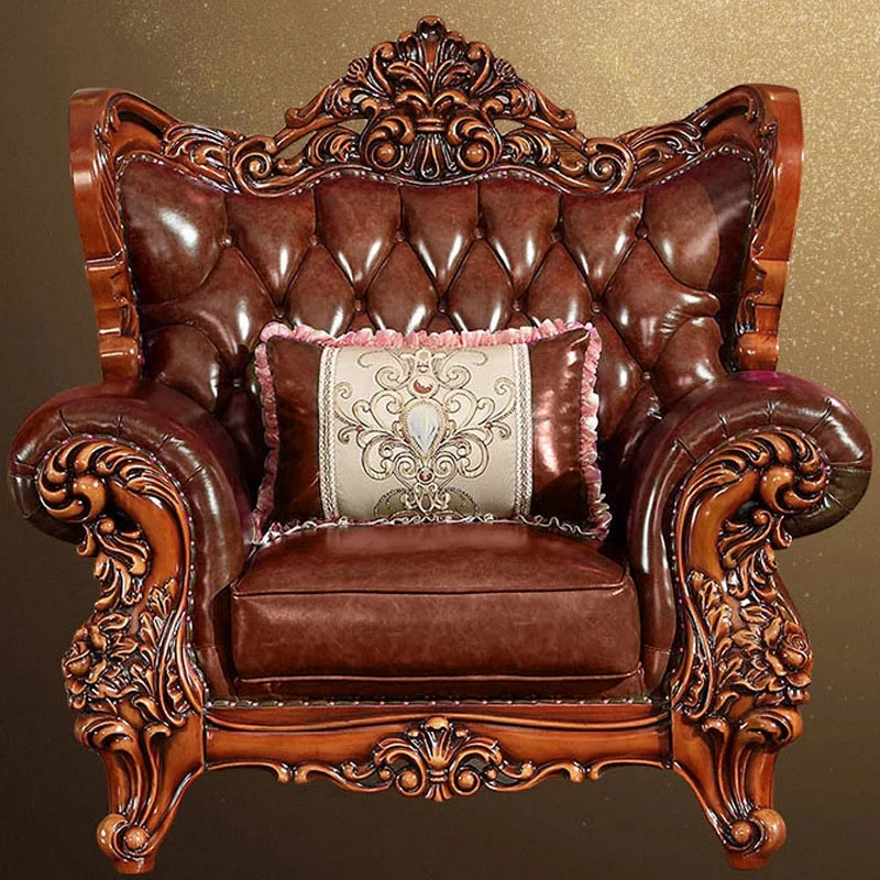 Classical living room full grain leather recliner sofa Factory supply antique wooden sofa furniture set