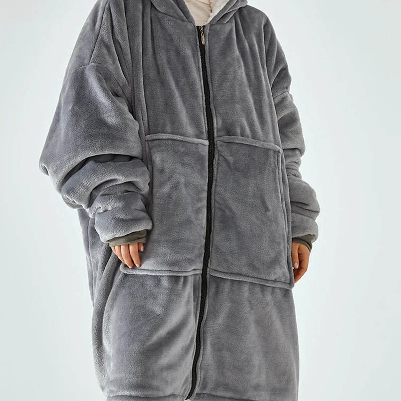 Nature Sherpa Winter Tv Hooded Long Sleeve Wearable Oversized Large Pocket Flannel Hoodie Blanket