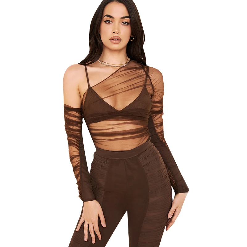 2022 new Long sleeve two-piece see-through Net yarn T-shirt Sexy condole belt Strapless T-shirt