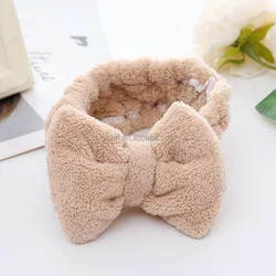 Soft Solid Color Face Makeup Hair Bands for Washing Face Shower Fluffy Coral Fleece Women Bow Facial Spa Headband