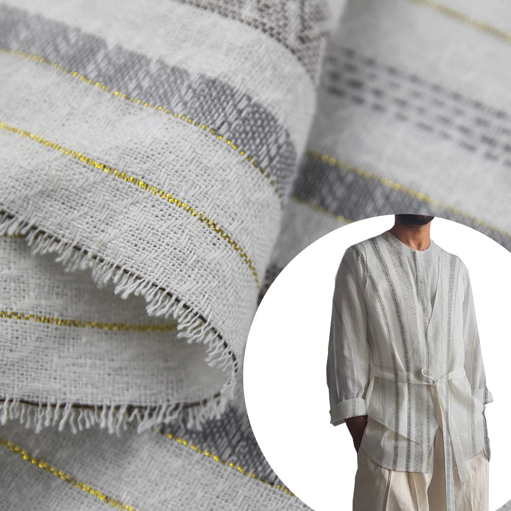 Fashion High Quality Italian Style Linen Rayon Woven Metallic Stripe YARN DYED Fabric for Shirt Skirts