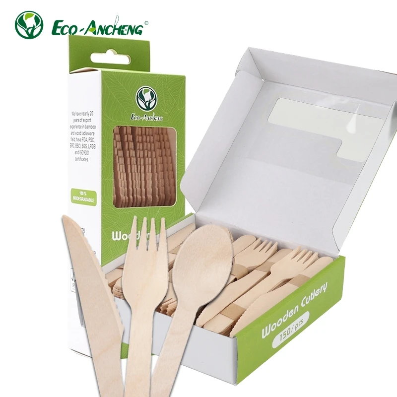 Eco Ancheng Wooden Disposable Spoon Set Knife Fork Spoon With Napkins Single Wood Spoon And Fork Cutlery
