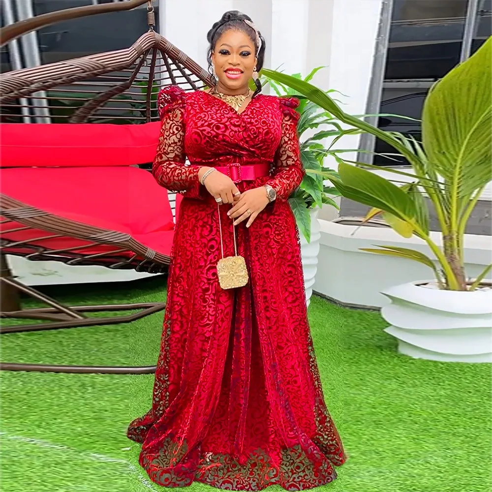 Modest African Elegant Luxury Dot Lace Long Sleeve Maxi Dress For Women K0409