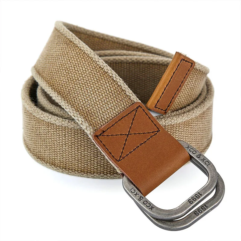 Men Genuine Leather Canvas Fabric Belts Casual Web Cloth Belts with Black Double Ring Buckle