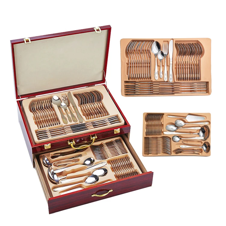 Hot-selling 72pcs Flatware Sets Stainless Steel Silver 24K Cutlery Set with Wooden Box