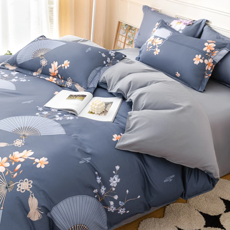 Spring and Autumn four-piece set of pure cotton household brushed simple bedding sheets quilt cover three-piece set ins style