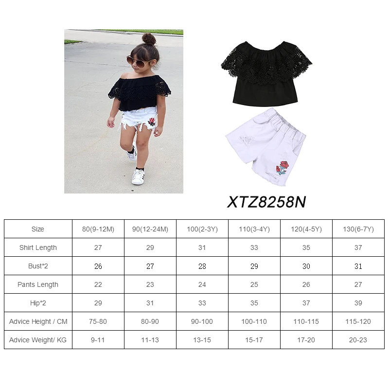 wholesale girls clothes 2pcs kids clothing white rose tops + jeans shorts beach children clothes girls party dress