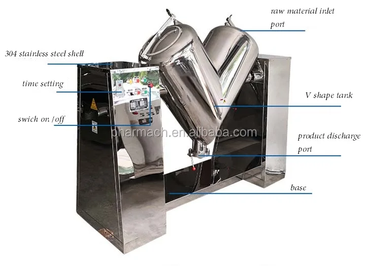 Pharmaceutical GMP grade V type powder mixer machine for herbs powder, cake powder and small particle