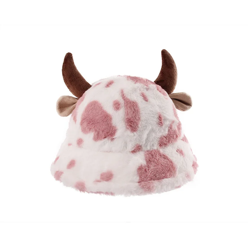 Cow pattern horn fisherman hat female print fashion plush thick warm basin hat
