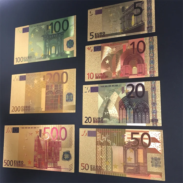 XR 7pcs/set Euro  banknotes 7 pieces 24k silver foil 5, 10, 20, 50, 100, 200, 500 EUROS  bills for Kids Educational
