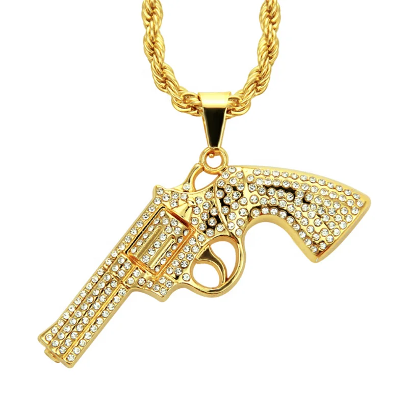  Hip hop twist chain with alloy and diamond pistol pendant