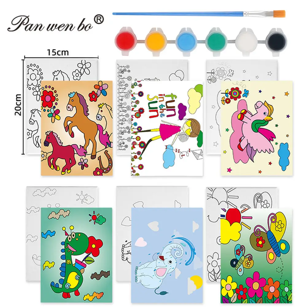 Panwenbo 24*30cm Pre Drawn Canvas to Paint With Brush Acrylic Print Diy for Kids