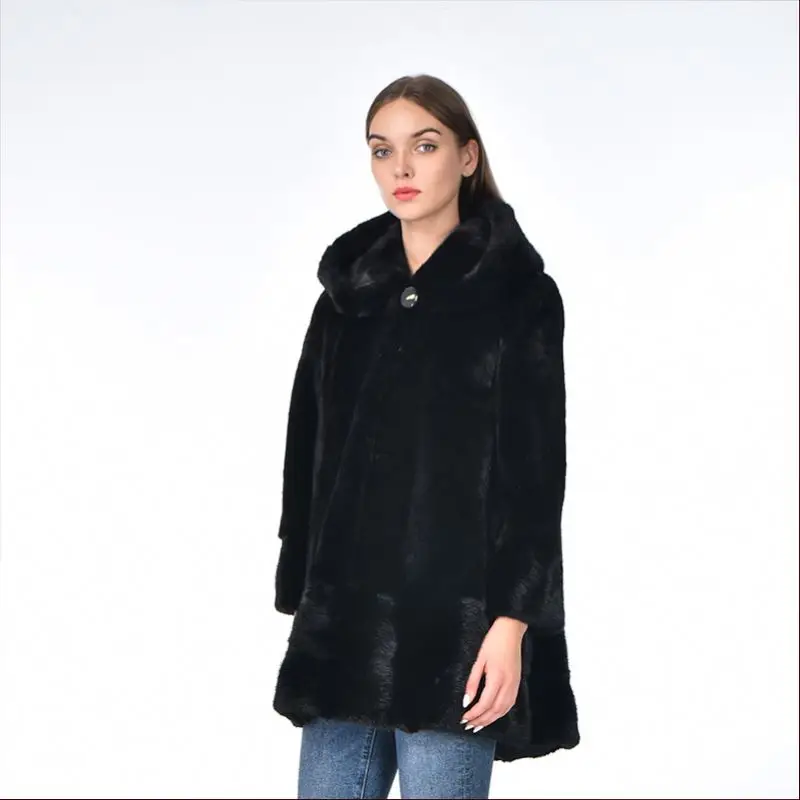 Premium Fashionable Elegant Puffy Plus Size Woman Genuine Long Mink Coat With Hood