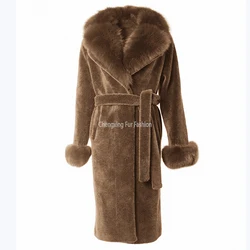 CX-G-T-74D Fox Fur Shawl Collar and Cuffs Decorative Warm Shearing Sheep Wool Jacket Winter Fur Coat