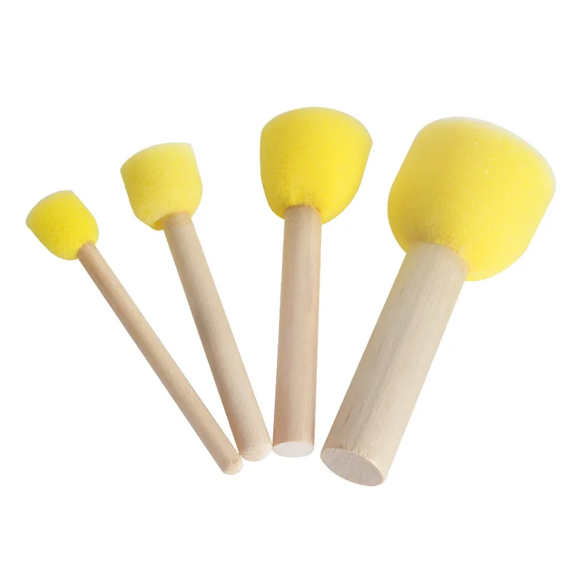 Hot selling 4pcs kids painting foam brush set yellow mushroom seal painting sponge brush with wooden handle