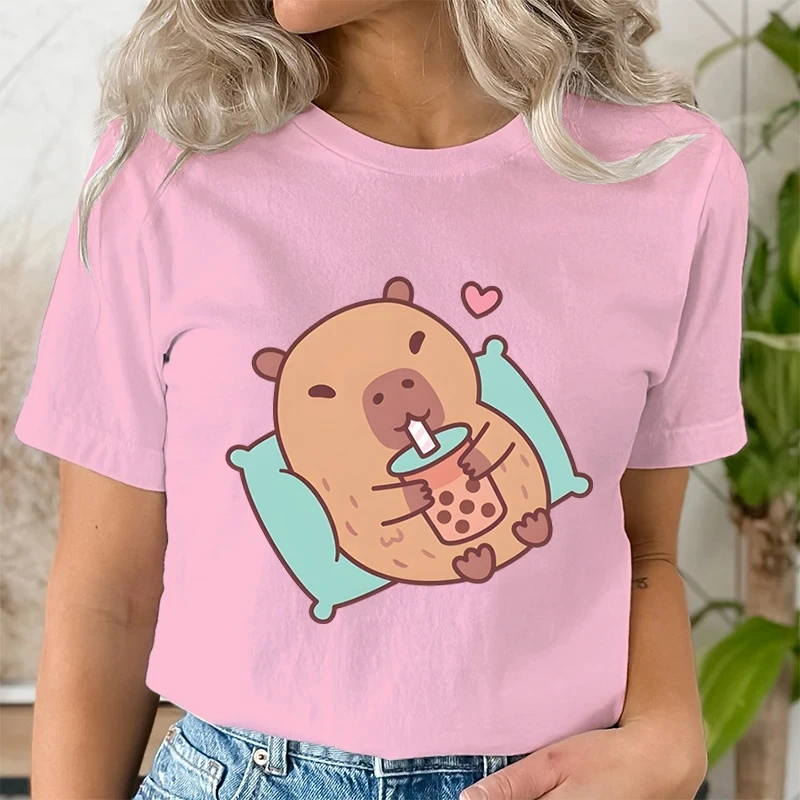 Boba Tea Capybara Print T Shirt for Women Anime Kawaii T-shirts Graphic Tees Ladies T-Shirt Unisex Hip Hop Tops Harajuku Tshirt