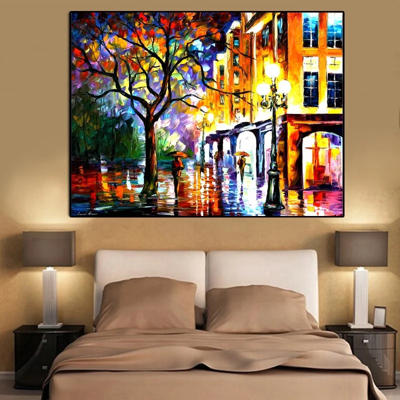 Romantic Canvas Painting Landscape Walking In Rain Road Palette Knife Oil Paintings
