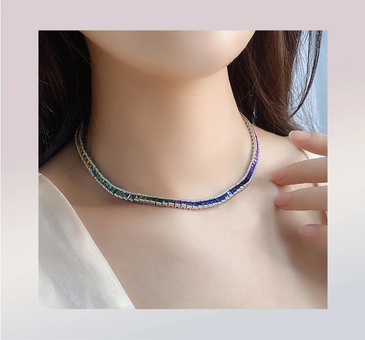 Charm Tennis Necklace Rainbow Necklaces 925 Sterling Silver Link Chain Fine Jewelry for Christmas Gift Idea Affordable Price