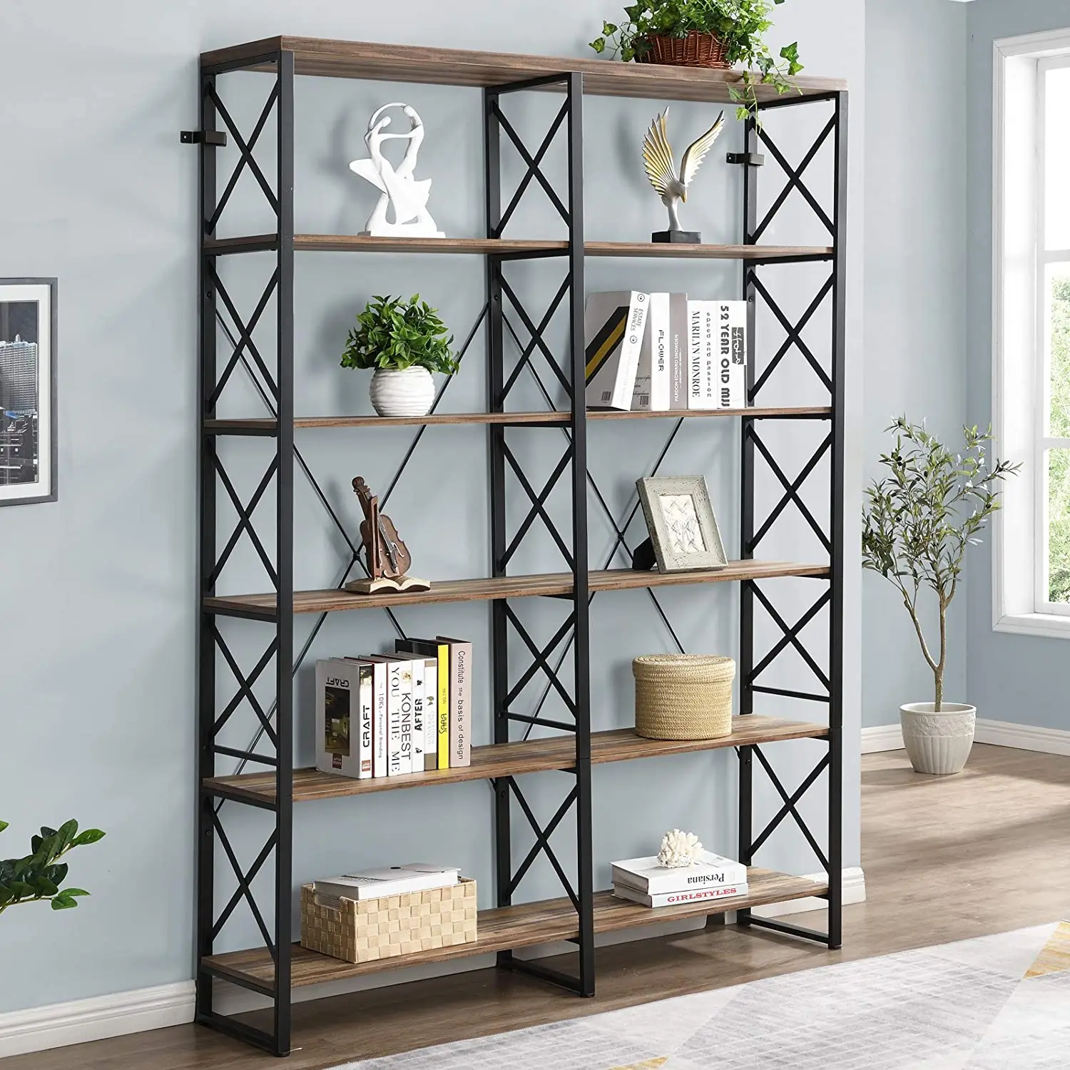 Black Double Wide 6-tier Living Room Shelves Floor Shelf Display Shelves With Metal Frame For Living Room