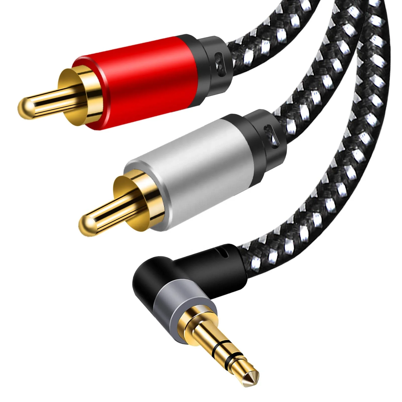 3.5mm 90 degree Aux Cables to 2-Male RCA Stereo Splitter Cable 1/8 Right Angle TRS to RCA Straight Plug Audio Auxiliary Cord