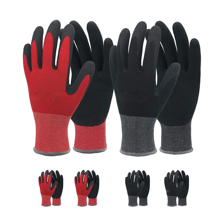 Factory Price 13 Gauge Red Black Polyester Cotton Latex Palm Coated Gloves For Garden Construction