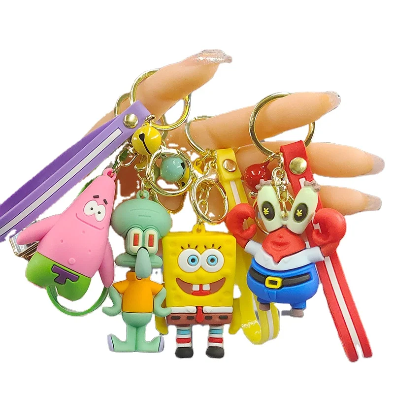 Cute Cartoon 3D Patrick Keychains Sponge Doll Car Key Bag Accessories PVC Silicone Keyring with Wrist Strap Key Chain