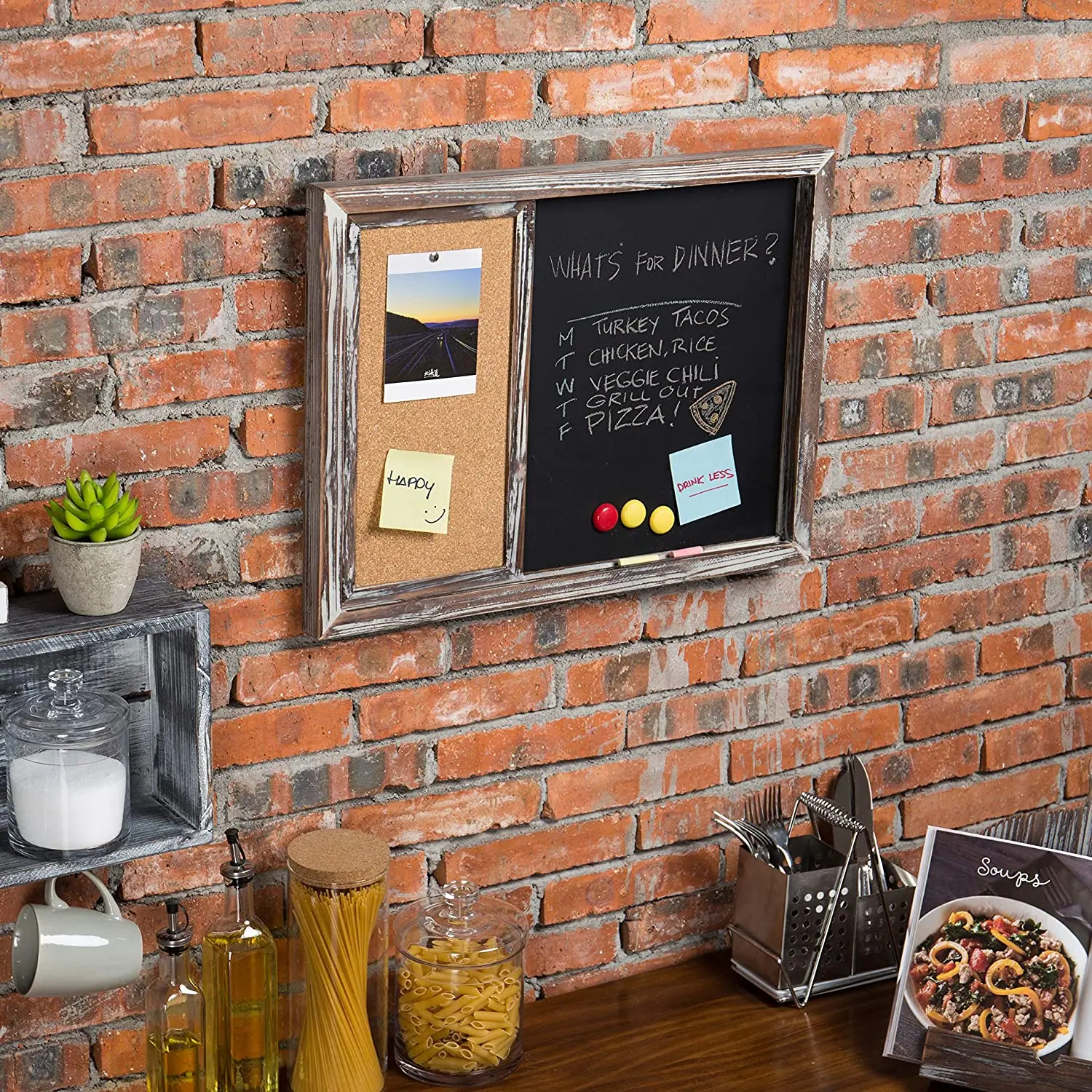 
Rustic Burnt Wood Framed Wall Mounted Magnetic Chalkboard and Sliding Cork Board 